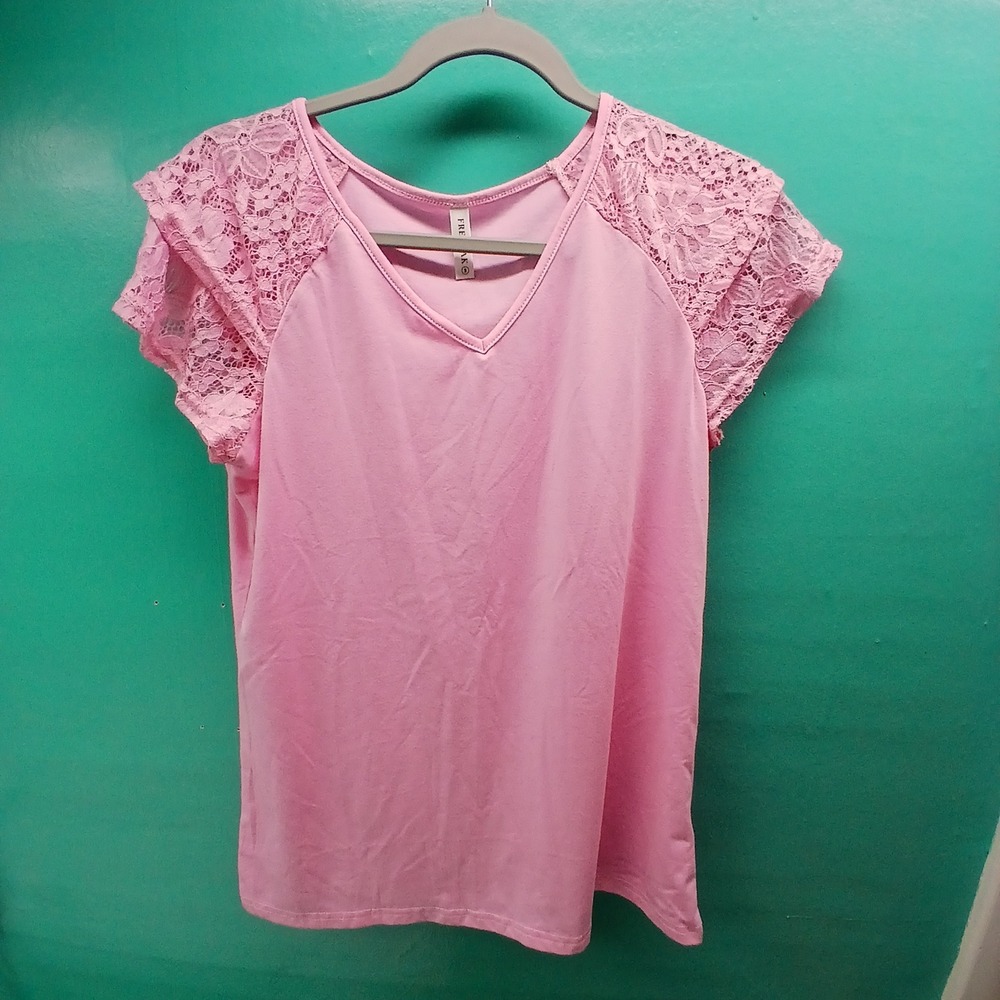 FREEOAK‎ Lace Flutter Sleeve V-Neck Top S Pink Coquette Romantic Feminine